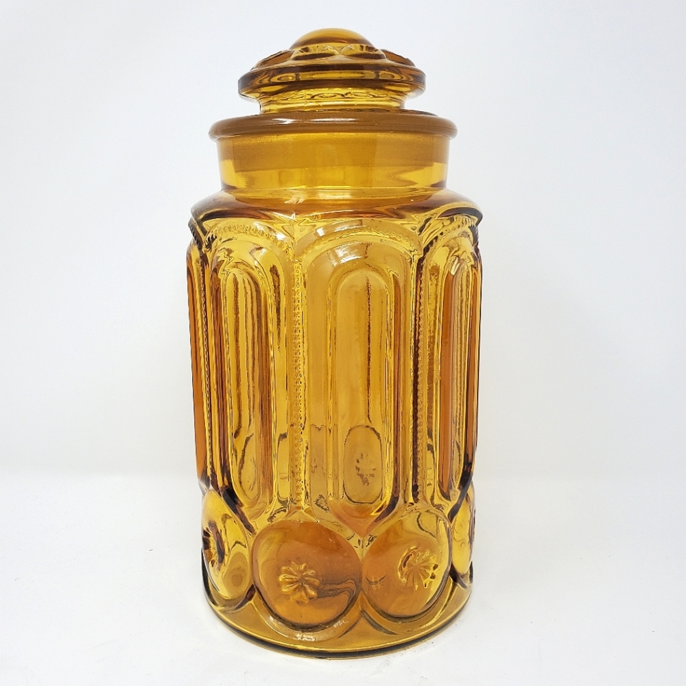 VTG LE Smith Moon & Stars Large Amber Glass Canister Jar w/ Lid